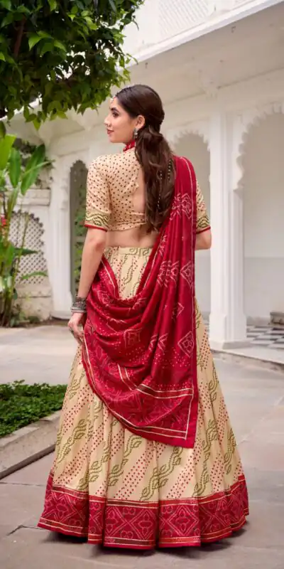 LNB 1250 Off White Color Tasar Silk Bandhej Print With Gotta Patti Lace Lehenga Choli Festive Party Wedding, Events etc. Delivery 4-6 Working Days @2149/- | Lehenga, Bollywood Lehenga, Creative Lehenga, Designer Lehenga, Embroidered Lehenga, Party Wear Lehenga