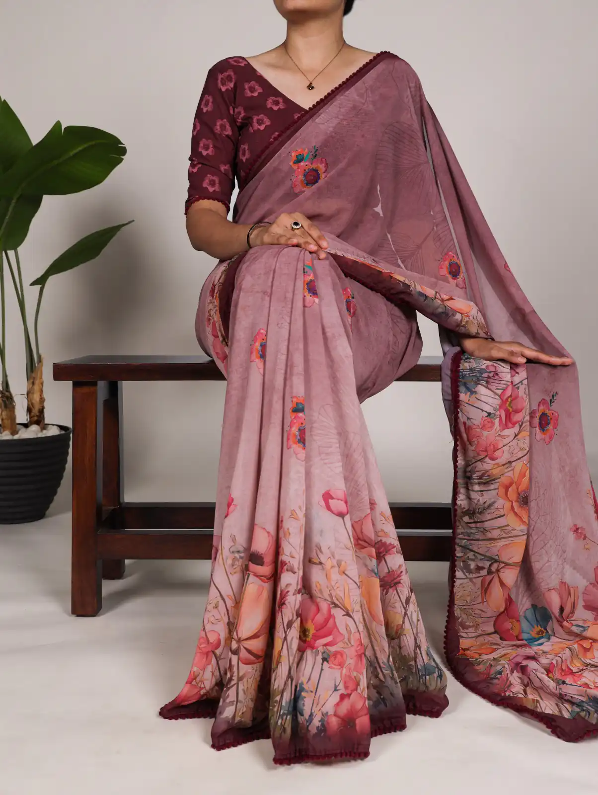 YNF 7009 Onion Color Georgette Floral Print With Lace Border Saree Casual, Wedding, Festive, Events . Expected Delivery  4-6 Working Days @1299/- only                                                                                | Designer Sarees, Embroidered Sarees, Sarees, Bollywood Sarees, Creative Sarees, Ethnic Saree, Modern Digital sarees, Party Wear Sarees