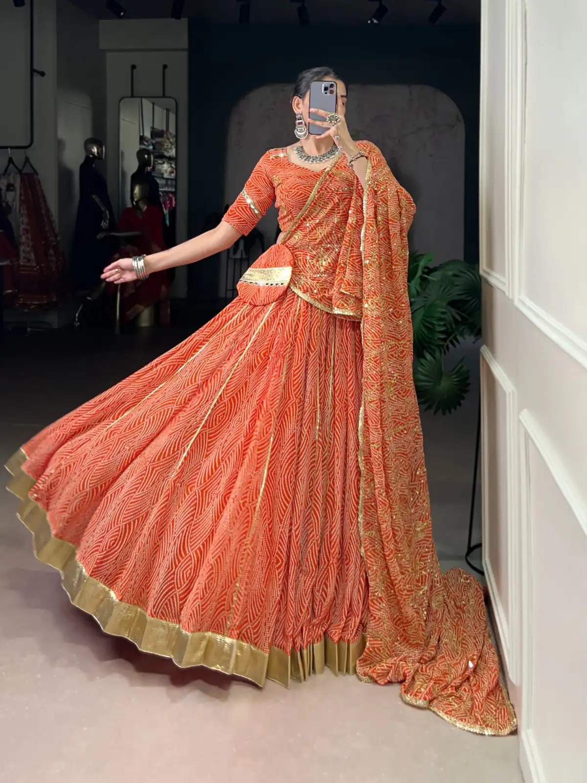 LNB 1701 Orange Color Georgette Bandhej Print And Embossed Lace Lehenga Choli Wedding, Party, Festive, Events Etc. Delivery 4-6 Working Days Rs 3999 | Lehenga, Bollywood Lehenga, Creative Lehenga, Designer Lehenga, Embroidered Lehenga, Party Wear Lehenga
