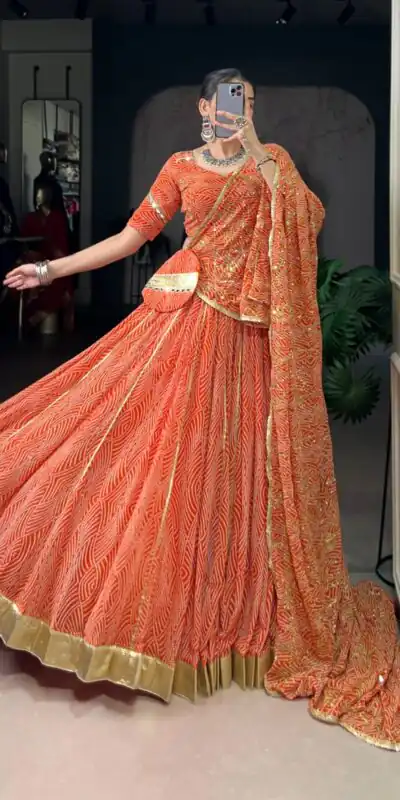 LNB 1701 Orange Color Georgette Bandhej Print And Embossed Lace Lehenga Choli Wedding, Party, Festive, Events Etc. Delivery 4-6 Working Days Rs 3999 | Lehenga, Bollywood Lehenga, Creative Lehenga, Designer Lehenga, Embroidered Lehenga, Party Wear Lehenga