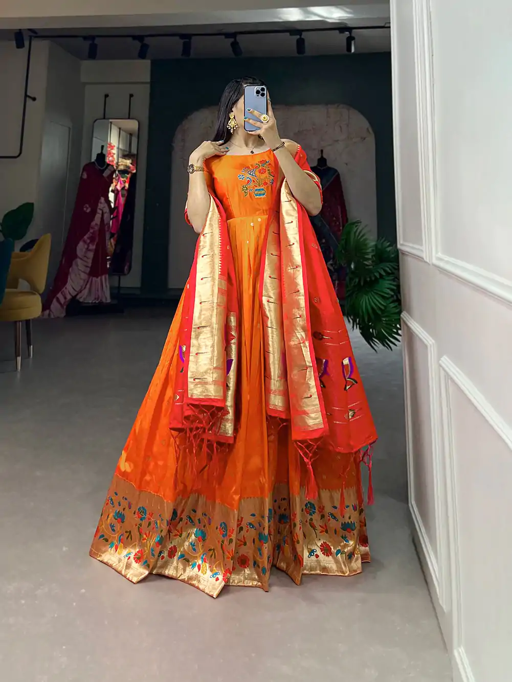 YNF 5302 Orange Color Jacquard Silk Paithani Designer Gown Casual, Wedding Festive, Events, Designer Party Wear Expected Delivery 4-6 Working Days @2549 | Gowns, Bollywood Gowns, Creative Gowns, Designer Gowns, Embroidered Gowns, Party Wear Gowns