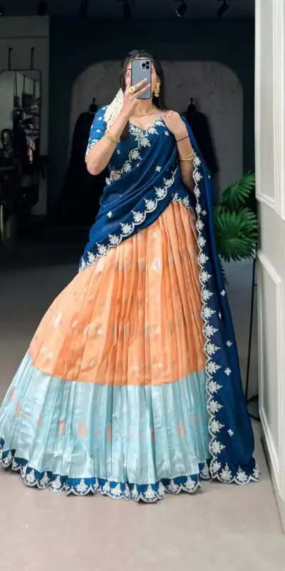 LNB 2024 Orange Color Zari Kota Weaving Work Sequins Thread Embroidery Lehenga Choli Festive Party Wedding, Events etc. Delivery 4-6 Working Days @2999/- | Lehenga, Bollywood Lehenga, Creative Lehenga, Designer Lehenga, Embroidered Lehenga, Party Wear Lehenga