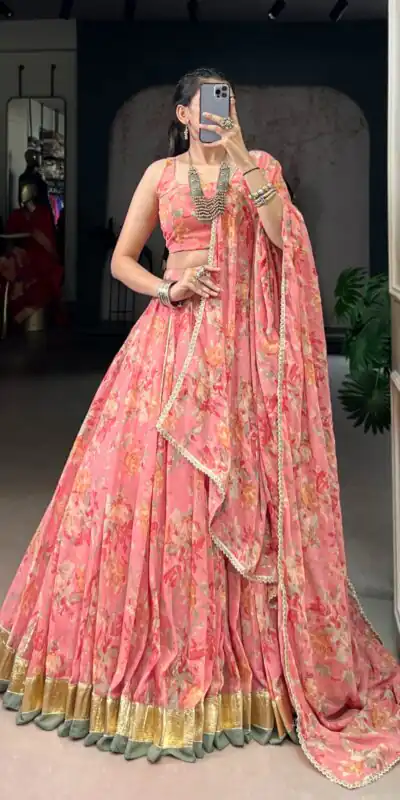 LNB 1672 Peach Color Chiffon Floral Print Foil Print Embossed Design Lehenga Choli Wedding, Party, Festive, Events Etc. Delivery 4-6 Working Days Rs 3099 | Lehenga, Bollywood Lehenga, Creative Lehenga, Designer Lehenga, Embroidered Lehenga, Party Wear Lehenga