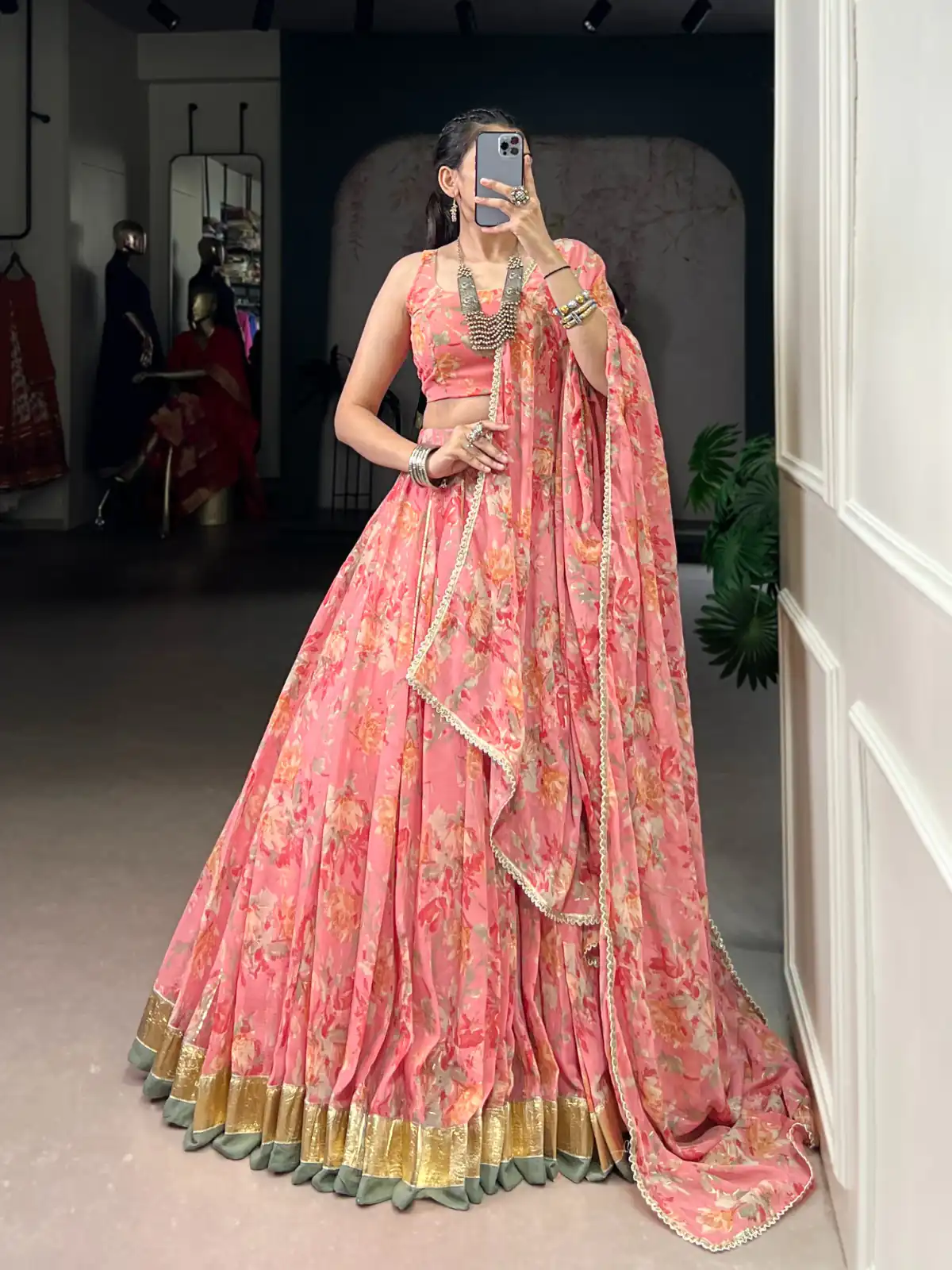 LNB 1672 Peach Color Chiffon Floral Print Foil Print Embossed Design Lehenga Choli Wedding, Party, Festive, Events Etc. Delivery 4-6 Working Days Rs 3099 | Lehenga, Bollywood Lehenga, Creative Lehenga, Designer Lehenga, Embroidered Lehenga, Party Wear Lehenga
