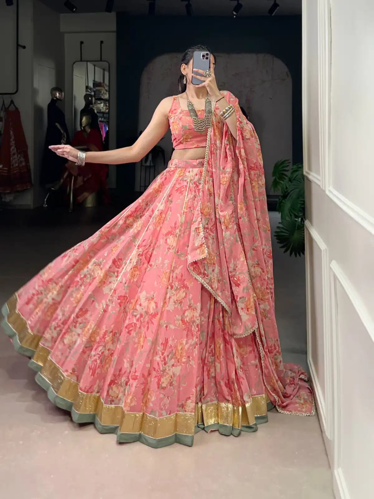 LNB 1672 Peach Color Chiffon Floral Print Foil Print Embossed Design Lehenga Choli Wedding, Party, Festive, Events Etc. Delivery 4-6 Working Days Rs 3099 | Lehenga, Bollywood Lehenga, Creative Lehenga, Designer Lehenga, Embroidered Lehenga, Party Wear Lehenga