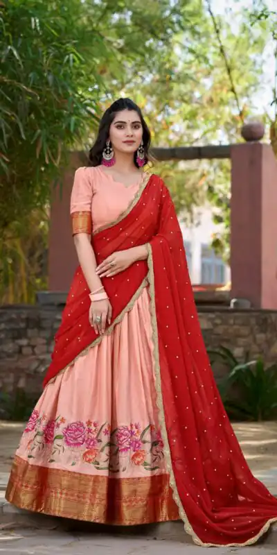 LNB1518 Peach Color Cotton Silk Thread Embroidery Work Lehenga Choli Wedding, Party, Festive, Events Etc. Delivery 4-6 Working Days Rs 2999 | Lehenga, Bollywood Lehenga, Creative Lehenga, Designer Lehenga, Embroidered Lehenga, Party Wear Lehenga