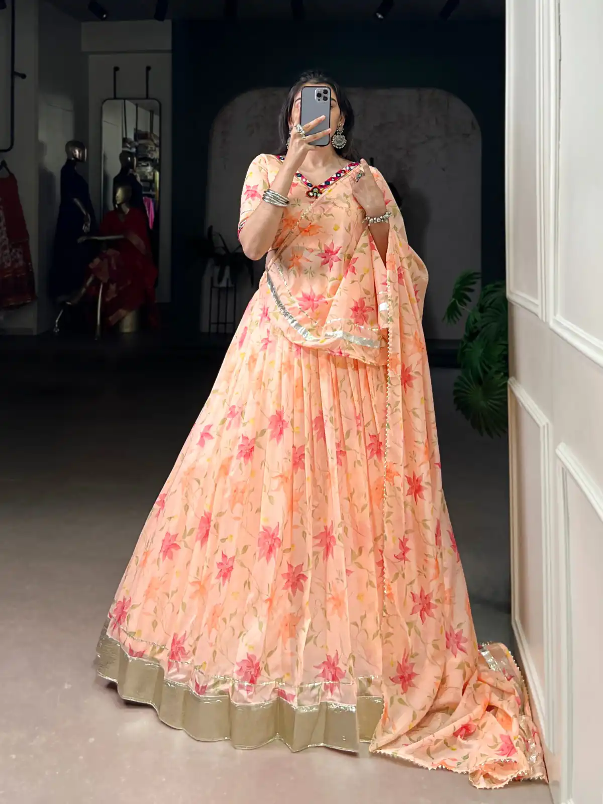 LNB 1716 Peach Color Tabby Silk Floral Print Embossed Design Lace Lehenga Choli Wedding, Party, Festive, Events Etc. Delivery 4-6 Working Days Rs 2499 | Lehenga, Bollywood Lehenga, Creative Lehenga, Designer Lehenga, Embroidered Lehenga, Party Wear Lehenga