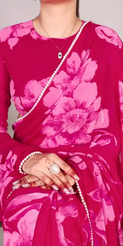 YNF 7011 Pink Color Chiffon Foral Printed Pearl Lace Border Saree Casual, Wedding, Festive, Events . Expected Delivery  4-6 Working Days @1499/- only                                                                                | Designer Sarees, Sarees, Bollywood Sarees, Creative Sarees, Embroidered Sarees, Ethnic Saree, Modern Digital sarees, Party Wear Sarees