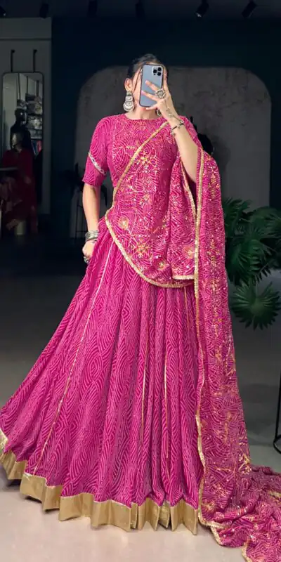 LNB 1701 Pink Color Georgette Bandhej Print And Embossed Lace Lehenga Choli Wedding, Party, Festive, Events Etc. Delivery 4-6 Working Days Rs 3999 | Lehenga, Bollywood Lehenga, Creative Lehenga, Designer Lehenga, Embroidered Lehenga, Party Wear Lehenga