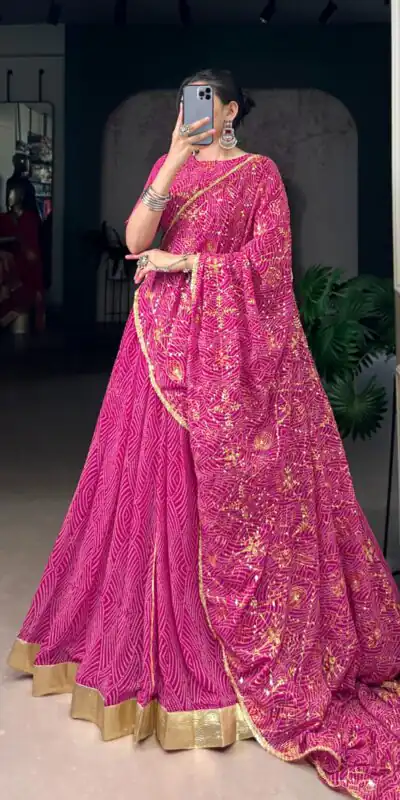 LNB 1701 Pink Color Georgette Bandhej Print And Embossed Lace Lehenga Choli Wedding, Party, Festive, Events Etc. Delivery 4-6 Working Days Rs 3999 | Lehenga, Bollywood Lehenga, Creative Lehenga, Designer Lehenga, Embroidered Lehenga, Party Wear Lehenga