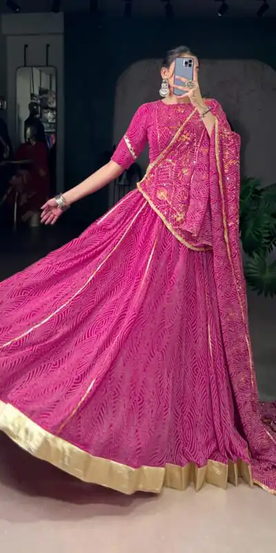 LNB 1701 Pink Color Georgette Bandhej Print And Embossed Lace Lehenga Choli Wedding, Party, Festive, Events Etc. Delivery 4-6 Working Days Rs 3999 | Lehenga, Bollywood Lehenga, Creative Lehenga, Designer Lehenga, Embroidered Lehenga, Party Wear Lehenga