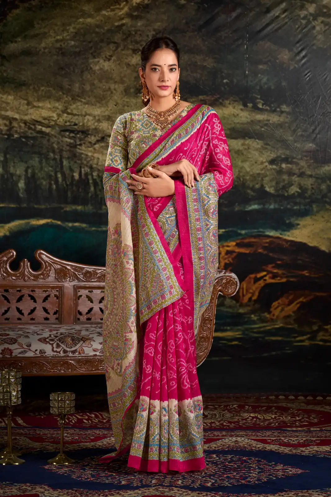 YNF 7209 Pink Color Green Silk Fusion Print Madhubani Bandhej Saree Casual, Wedding, Festive, Events . Expected Delivery  4-6 Working Days @1499/- only                                                                                | Sarees, Bollywood Sarees, Creative Sarees, Designer Sarees, Embroidered Sarees, Ethnic Saree, Modern Digital sarees, Party Wear Sarees