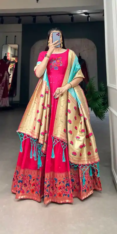 YNF 5302 Pink Color Jacquard Silk Paithani Designer Gown Casual, Wedding, Festive, Events, Designer Party Wear,  Expected Delivery 4-6 Working Days @2549 | Gowns, Bollywood Gowns, Creative Gowns, Designer Gowns, Embroidered Gowns, Party Wear Gowns