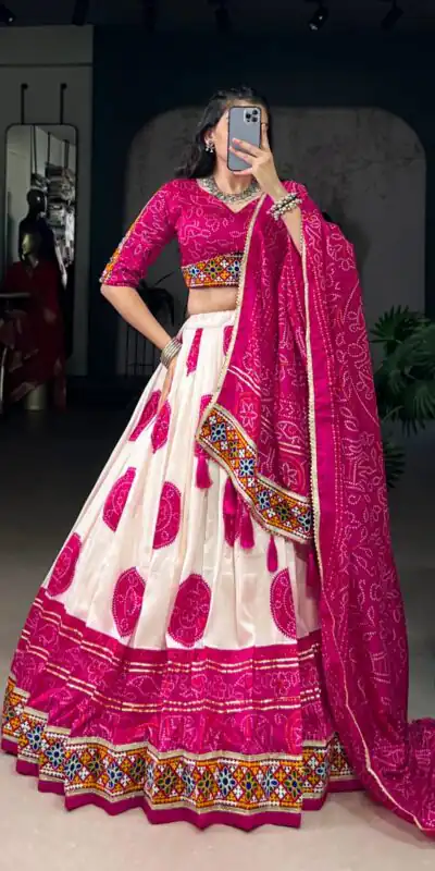 LNB 1736 Pink Color Tasar Silk Bandhej Print And Gamthi Work Lehenga Choli Wedding, Party, Festive, Events Etc. Delivery 4-6 Working Days Rs 3499 | Lehenga, Bollywood Lehenga, Creative Lehenga, Designer Lehenga, Embroidered Lehenga, Party Wear Lehenga