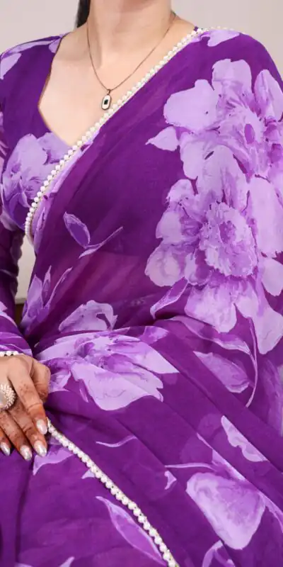 YNF 7011 Purple Color Chiffon Foral Printed Pearl Lace Border Saree Casual, Wedding, Festive, Events . Expected Delivery  4-6 Working Days @1499/- only                                                                                | Designer Sarees, Embroidered Sarees, Sarees, Bollywood Sarees, Creative Sarees, Ethnic Saree, Modern Digital sarees, Party Wear Sarees