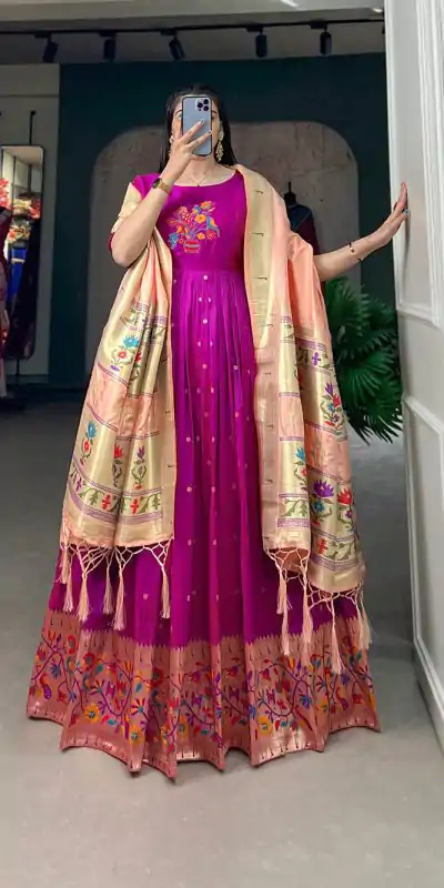 YNF 5302 Purple Color Jacquard Silk Paithani Designer Gown Casual, Wedding Festive, Events, Designer Party Wear Expected Delivery 4-6 Working Days @2549 | Gowns, Bollywood Gowns, Creative Gowns, Designer Gowns, Embroidered Gowns, Party Wear Gowns