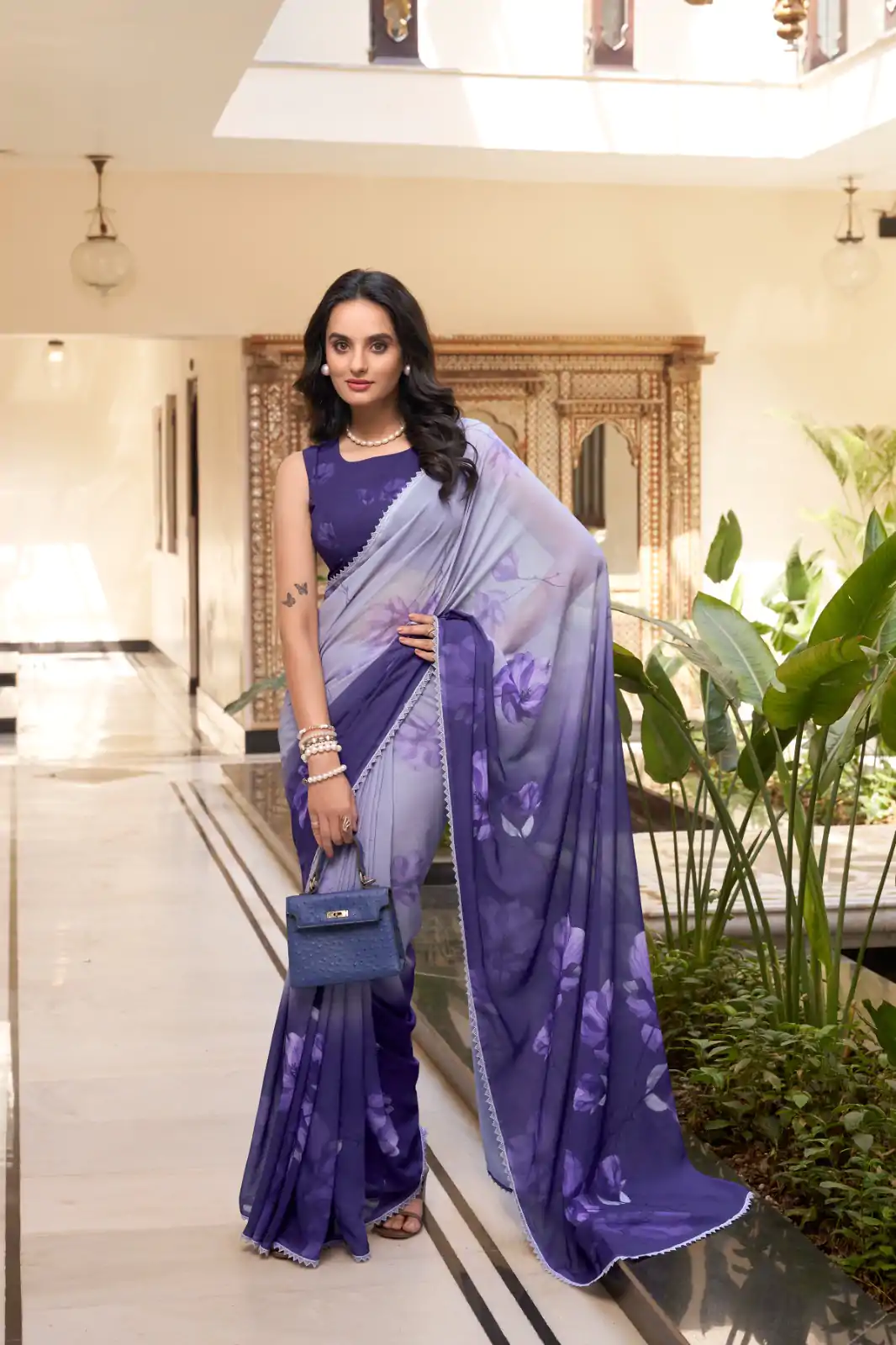 YNF 7038 Purple Color Weightless Marbal Floral Printed Lace Border Saree Casual, Wedding, Festive, Events . Expected Delivery  4-6 Working Days @1549/- only                                                                                | Designer Sarees, Embroidered Sarees, Sarees, Bollywood Sarees, Creative Sarees, Ethnic Saree, Modern Digital sarees, Party Wear Sarees