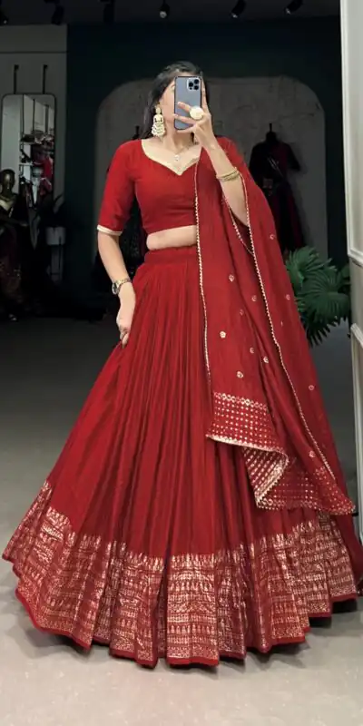 LNB 1906 Red Color Pure Chanderi Plain With Zari Weaving Work Border Lehenga Choli Wedding, Party, Festive, Events Etc. Delivery 4-6 Working Days Rs 1999 | Lehenga, Bollywood Lehenga, Creative Lehenga, Designer Lehenga, Embroidered Lehenga, Party Wear Lehenga