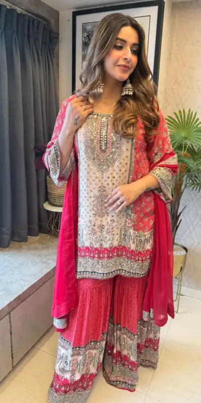 BE 387 Red Color Chinon Printed With Real Mirror Work Salwar Suit Casual, Wedding, Festive, Events . Expected Delivery  4-6 Working Days @1899/- only      | Casual Suits, Jump Suits, Salwar suit, Creative suits, Designer Suits, Palazzo Suits, Party Wear Suits, Patiala Suits, Straight Suits