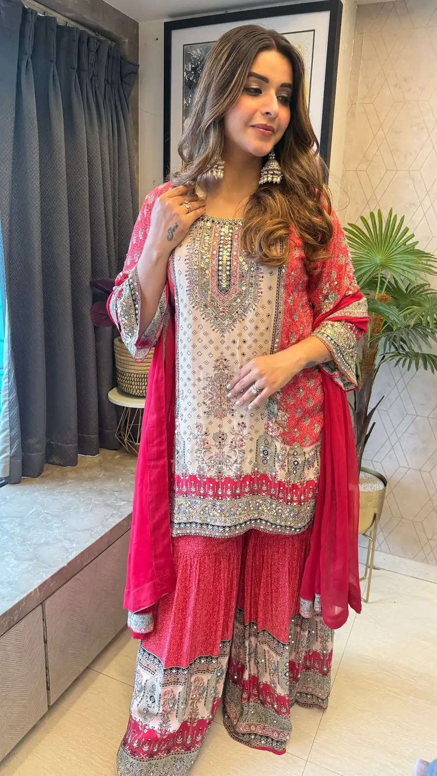 BE 387 Red Color Chinon Printed With Real Mirror Work Salwar Suit Casual, Wedding, Festive, Events . Expected Delivery  4-6 Working Days @1899/- only      | Casual Suits, Jump Suits, Salwar suit, Creative suits, Designer Suits, Palazzo Suits, Party Wear Suits, Patiala Suits, Straight Suits