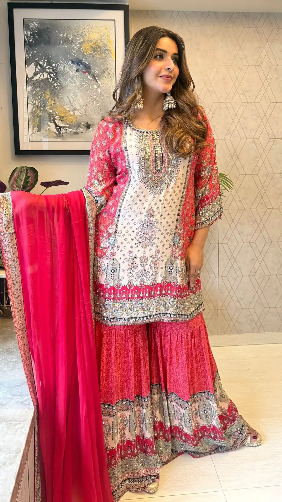BE 387 Red Color Chinon Printed With Real Mirror Work Salwar Suit Casual, Wedding, Festive, Events . Expected Delivery  4-6 Working Days @1899/- only      | Casual Suits, Jump Suits, Salwar suit, Creative suits, Designer Suits, Palazzo Suits, Party Wear Suits, Patiala Suits, Straight Suits
