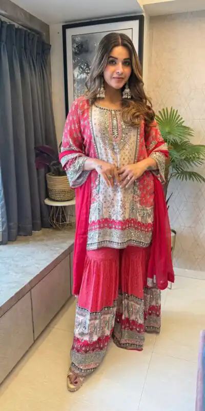 BE 387 Red Color Chinon Printed With Real Mirror Work Salwar Suit Casual, Wedding, Festive, Events . Expected Delivery  4-6 Working Days @1899/- only      | Casual Suits, Jump Suits, Salwar suit, Creative suits, Designer Suits, Palazzo Suits, Party Wear Suits, Patiala Suits, Straight Suits