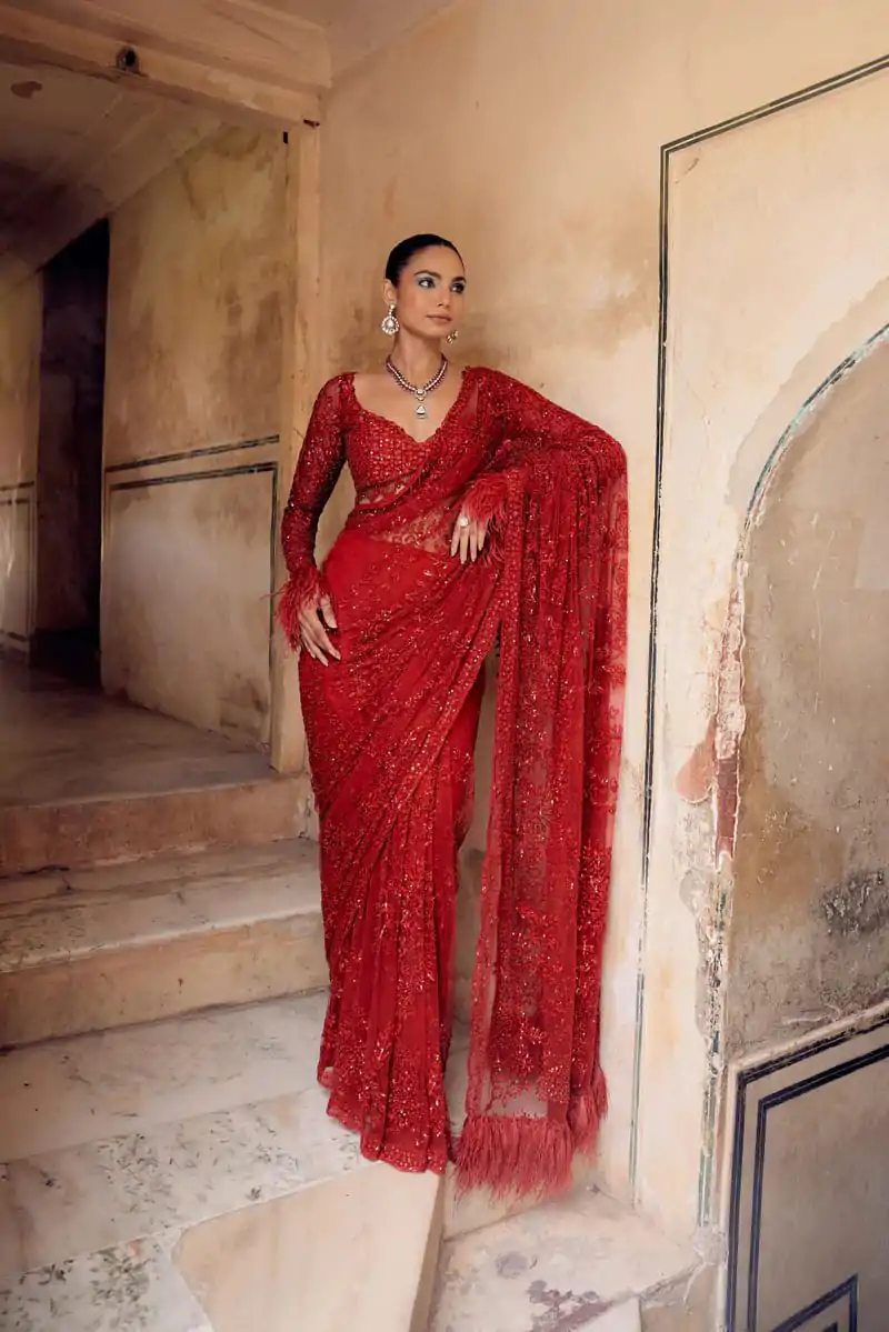 DF 3461 Red Color Butterfly Net 5mm Sequins Embroidery work Saree Saree Casual, Wedding, Festive, Events . Expected Delivery  4-6 Working Days @1799/- only                                                                                | Designer Sarees, Embroidered Sarees, Sarees, Bollywood Sarees, Creative Sarees, Ethnic Saree, Modern Digital sarees, Party Wear Sarees