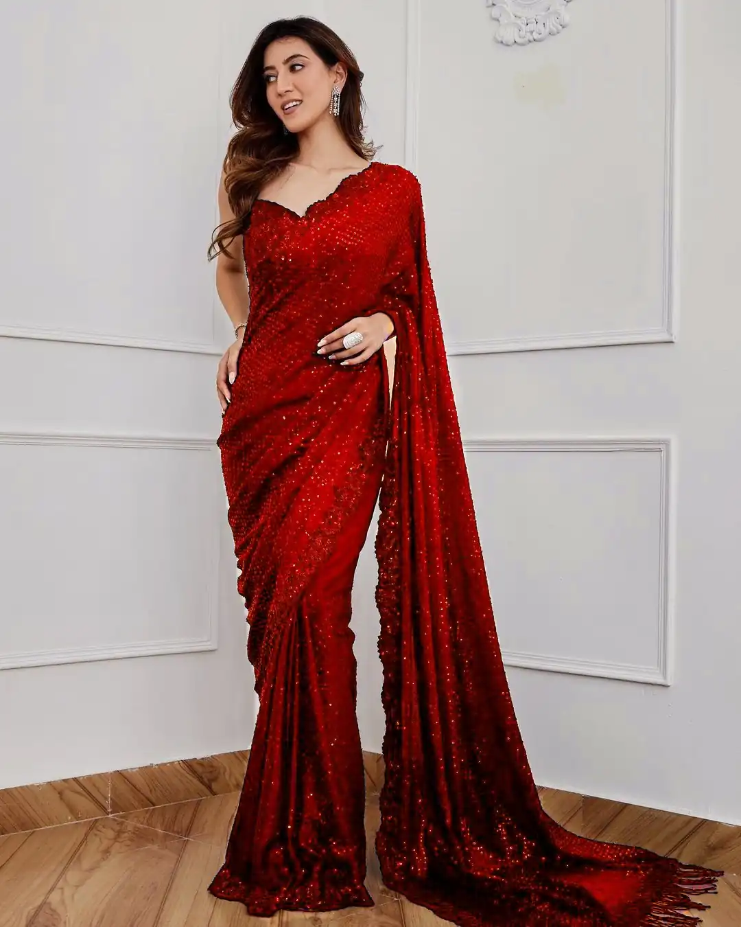 DF 3312 Red Color Faux Georgette 5mm Sequence Embroidery Work Saree Casual, Wedding, Festive, Events . Expected Delivery  4-6 Working Days @1899/- only                                                 | Designer Sarees, Embroidered Sarees, Sarees, Bollywood Sarees, Creative Sarees, Ethnic Saree, Modern Digital sarees, Party Wear Sarees