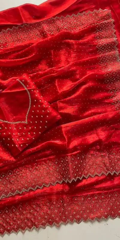 DF 3467 Red Color Jimmy Choo Full Zarkhan Diamond Work Saree Casual, Wedding, Festive, Events . Expected Delivery  4-6 Working Days @2099/- only                                                                                | Designer Sarees, Embroidered Sarees, Sarees, Bollywood Sarees, Creative Sarees, Ethnic Saree, Modern Digital sarees, Party Wear Sarees