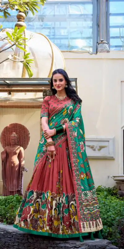 LNB 1236 Red Color Tasar Silk Kalamkari Print With Foil Work Lehenga Choli Wedding, Party, Festive, Events Etc. Delivery 4-6 Working Days Rs 2449 | Lehenga, Bollywood Lehenga, Creative Lehenga, Designer Lehenga, Embroidered Lehenga, Party Wear Lehenga