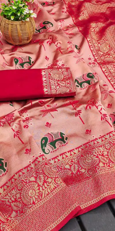 KP 6004 Red Soft Lichi Silk Jacquard Work With Designer Work Saree. Grab it for ₹1499. Delivery 4-6 Working Days. Shop now. | Designer Sarees, Embroidered Sarees, Sarees, Bollywood Sarees, Creative Sarees, Ethnic Saree, Modern Digital sarees, Party Wear Sarees