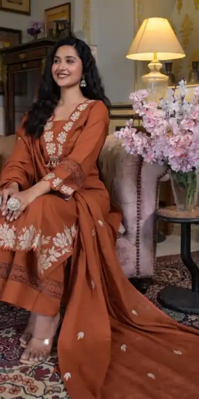 BE 385 Rust Color Rayon Slub Cotton Embroidery Wor Salwar Suit Casual, Wedding, Festive, Events . Expected Delivery  4-6 Working Days @1899/- only      | Casual Suits, Jump Suits, Salwar suit, Creative suits, Designer Suits, Palazzo Suits, Party Wear Suits, Patiala Suits, Straight Suits