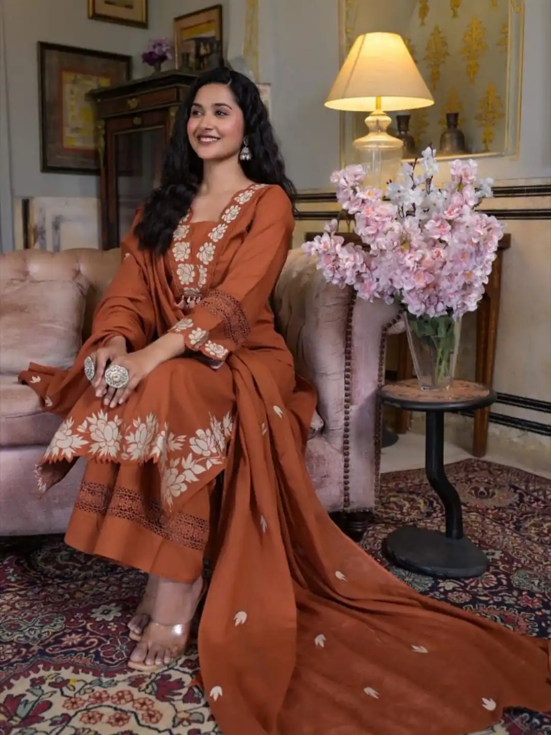 BE 385 Rust Color Rayon Slub Cotton Embroidery Wor Salwar Suit Casual, Wedding, Festive, Events . Expected Delivery  4-6 Working Days @1899/- only      | Casual Suits, Jump Suits, Salwar suit, Creative suits, Designer Suits, Palazzo Suits, Party Wear Suits, Patiala Suits, Straight Suits