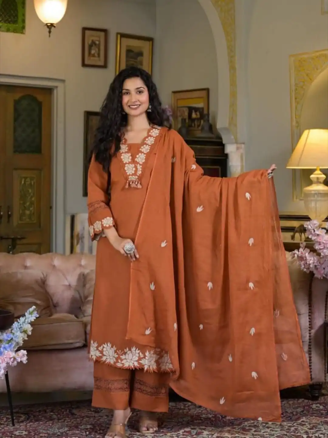BE 385 Rust Color Rayon Slub Cotton Embroidery Wor Salwar Suit Casual, Wedding, Festive, Events . Expected Delivery  4-6 Working Days @1899/- only      | Casual Suits, Jump Suits, Salwar suit, Creative suits, Designer Suits, Palazzo Suits, Party Wear Suits, Patiala Suits, Straight Suits