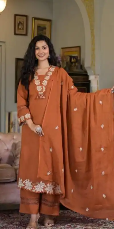 BE 385 Rust Color Rayon Slub Cotton Embroidery Wor Salwar Suit Casual, Wedding, Festive, Events . Expected Delivery  4-6 Working Days @1899/- only      | Casual Suits, Jump Suits, Salwar suit, Creative suits, Designer Suits, Palazzo Suits, Party Wear Suits, Patiala Suits, Straight Suits
