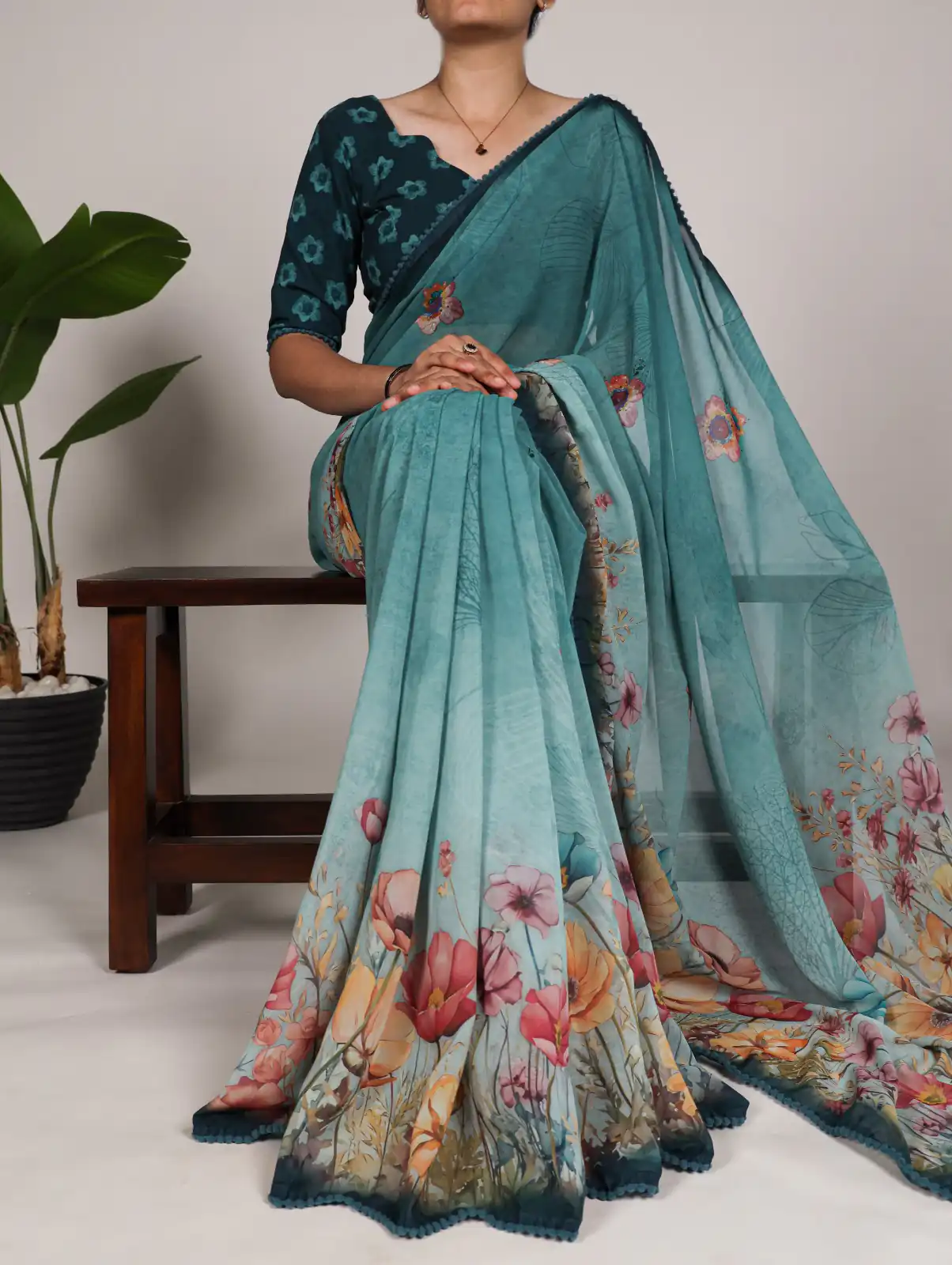 YNF 7009 Teal Color Georgette Floral Print With Lace Border Saree Casual, Wedding, Festive, Events . Expected Delivery  4-6 Working Days @1299/- only                                                                                | Designer Sarees, Embroidered Sarees, Sarees, Bollywood Sarees, Creative Sarees, Ethnic Saree, Modern Digital sarees, Party Wear Sarees