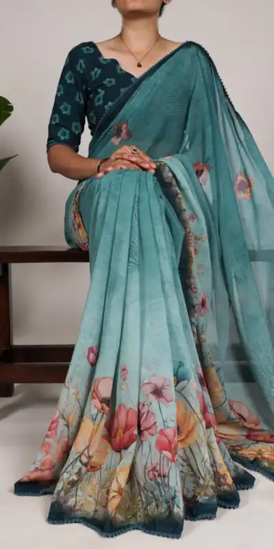 YNF 7009 Teal Color Georgette Floral Print With Lace Border Saree Casual, Wedding, Festive, Events . Expected Delivery  4-6 Working Days @1299/- only                                                                                | Designer Sarees, Embroidered Sarees, Sarees, Bollywood Sarees, Creative Sarees, Ethnic Saree, Modern Digital sarees, Party Wear Sarees