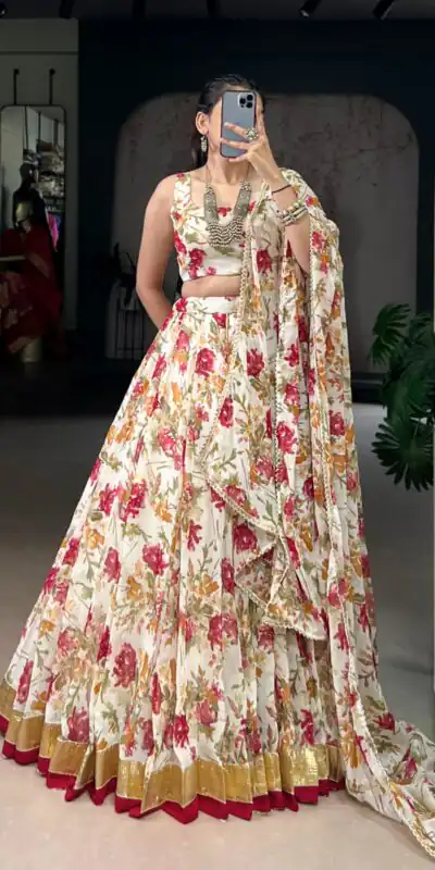 LNB 1672 White Color Chiffon Floral Print Foil Print Embossed Design Lehenga Choli Wedding, Party, Festive, Events Etc. Delivery 4-6 Working Days Rs 3499 | Lehenga, Bollywood Lehenga, Creative Lehenga, Designer Lehenga, Embroidered Lehenga, Party Wear Lehenga