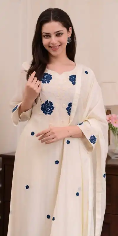 BE 382 White Color Roman Silk Embroidery Work Salwar Suit Casual, Wedding, Festive, Events . Expected Delivery  4-6 Working Days @1949/- only      | Casual Suits, Jump Suits, Tops & Bottoms, Track Suits, Salwar suit, Creative suits, Designer Suits, Palazzo Suits, Party Wear Suits, Patiala Suits, Straight Suits, Trendy Wear