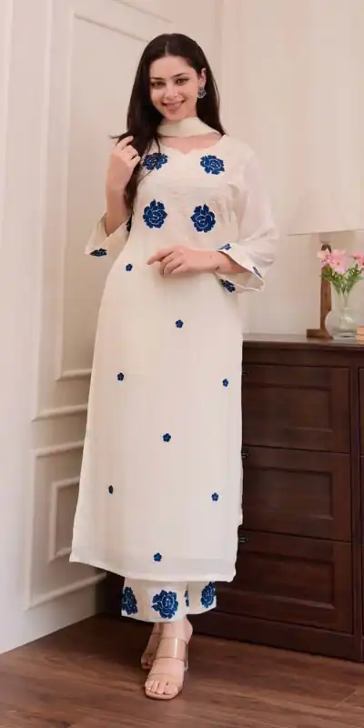 BE 382 White Color Roman Silk Embroidery Work Salwar Suit Casual, Wedding, Festive, Events . Expected Delivery  4-6 Working Days @1949/- only      | Casual Suits, Jump Suits, Tops & Bottoms, Track Suits, Salwar suit, Creative suits, Designer Suits, Palazzo Suits, Party Wear Suits, Patiala Suits, Straight Suits, Trendy Wear