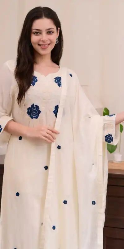 BE 382 White Color Roman Silk Embroidery Work Salwar Suit Casual, Wedding, Festive, Events . Expected Delivery  4-6 Working Days @1949/- only      | Casual Suits, Jump Suits, Tops & Bottoms, Track Suits, Salwar suit, Creative suits, Designer Suits, Palazzo Suits, Party Wear Suits, Patiala Suits, Straight Suits, Trendy Wear