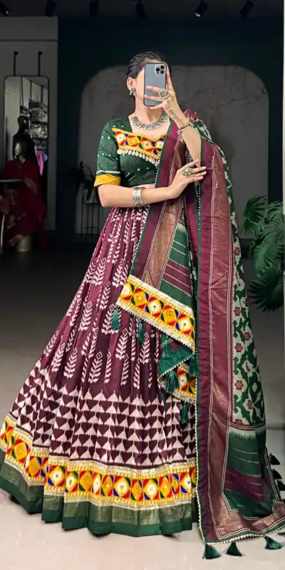 LNB 1732 Wine Color Tasar Silk Print Foil Work Real Mirror Gamthi Work Lehenga Choli Wedding, Party, Festive, Events Etc. Delivery 4-6 Working Days Rs 2999 | Lehenga, Bollywood Lehenga, Creative Lehenga, Designer Lehenga, Embroidered Lehenga, Party Wear Lehenga