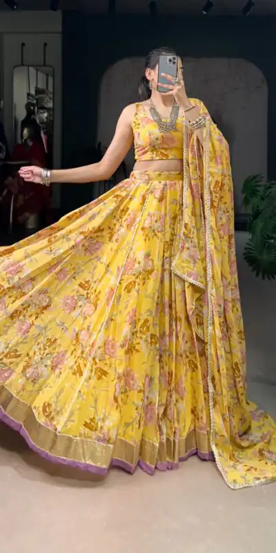 LNB 1672 Yellow Color Chiffon Floral Print Foil Print Embossed Design Lehenga Choli Wedding, Party, Festive, Events Etc. Delivery 4-6 Working Days Rs 3099 | Lehenga, Bollywood Lehenga, Creative Lehenga, Designer Lehenga, Embroidered Lehenga, Party Wear Lehenga
