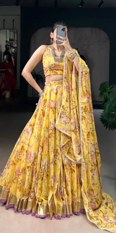 LNB 1672 Yellow Color Chiffon Floral Print Foil Print Embossed Design Lehenga Choli Wedding, Party, Festive, Events Etc. Delivery 4-6 Working Days Rs 3099 | Lehenga, Bollywood Lehenga, Creative Lehenga, Designer Lehenga, Embroidered Lehenga, Party Wear Lehenga