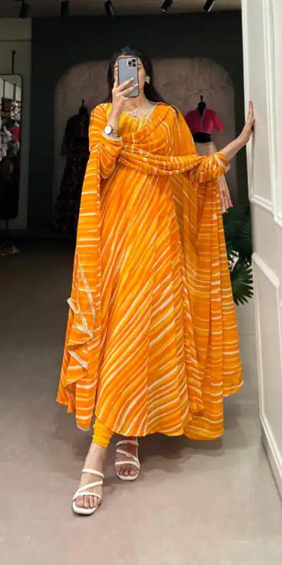 YNF 5026 Yellow Color Georgette Leheriya Georgette Lace Touch Up Gown Casual, Wedding, Festive, Events . Expected Delivery  4-6 Working Days @1649/- only      | Gowns, Bollywood Gowns, Creative Gowns, Designer Gowns, Embroidered Gowns, Party Wear Gowns