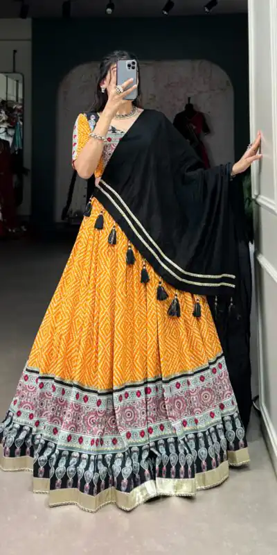 LNB 1712 Yellow Color Rayon Bandhej Ajarakh Print Embossed Gota Lace Lehenga Choli Wedding, Party, Festive, Events Etc. Delivery 4-6 Working Days Rs 1999 | Lehenga, Bollywood Lehenga, Creative Lehenga, Designer Lehenga, Embroidered Lehenga, Party Wear Lehenga