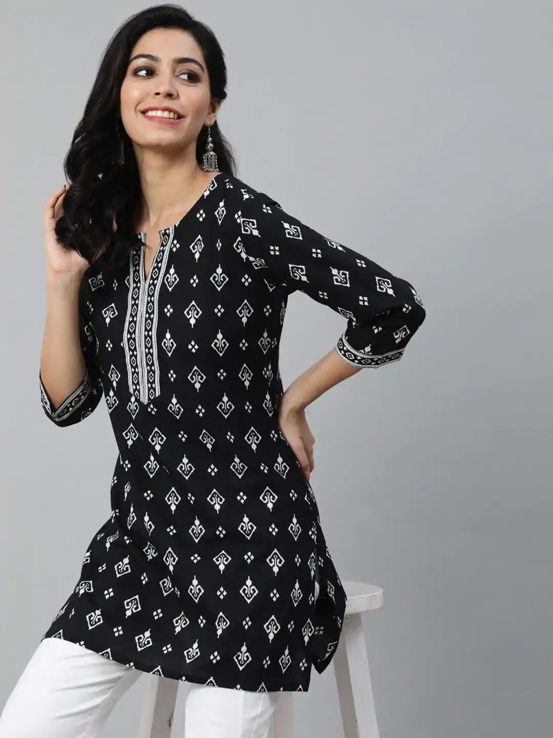 INLI Blush 2.0 Black Cotton Printed Designer Work Kurti in . Wedding, Party, Festive, Events, Special Price ₹1269. Delivery 4-6 Working Days. Shop now. | Kurti, Bollywood Kurti, Creative Kurtis, Designer Kurti, Party Wear Kurti, Selfie Kurti