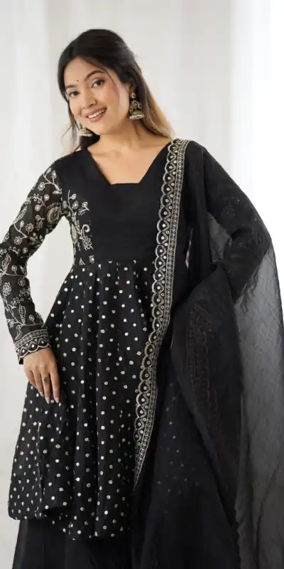 ZSR 3134 Black Crunchy Silk Salwar Suit Perfect for Wedding, Party, Sangeet, Anniversary, Housewarming Introductory Price ₹2399. Delivery 4-6 | Casual Suits, Jump Suits, Salwar suit, Creative suits, Designer Suits, Palazzo Suits, Party Wear Suits, Patiala Suits, Straight Suits
