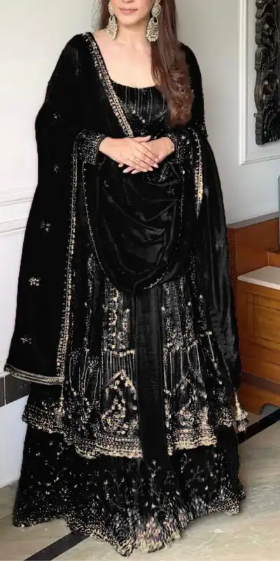 VLM 297 Black Crunchy Silk with Lace Work & Embroidery Work Gown . Introductory Price ₹2499. Delivery 4-6 Working Days. Shop now. | Gowns, Bollywood Gowns, Creative Gowns, Designer Gowns, Embroidered Gowns, Party Wear Gowns