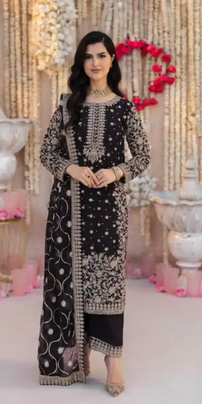 SRK 5238 Black Faux Georgette With 5mm Embroidery Sequence Work with Beads Work Wedding, Party, Festive, Events, 4-6 Working Days At 2399 | Casual Suits, Jump Suits, Salwar suit, Creative suits, Designer Suits, Palazzo Suits, Party Wear Suits, Patiala Suits, Straight Suits